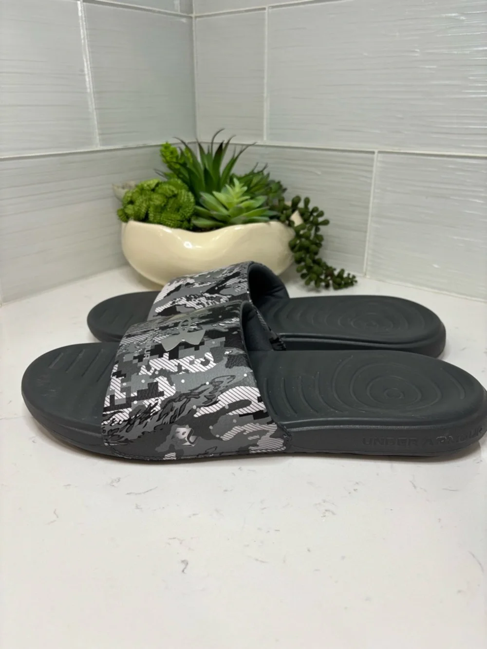 Under Armour Ansa Size 12 Graphic Slides Gray Camo Off Court Slip On Flats Shoes